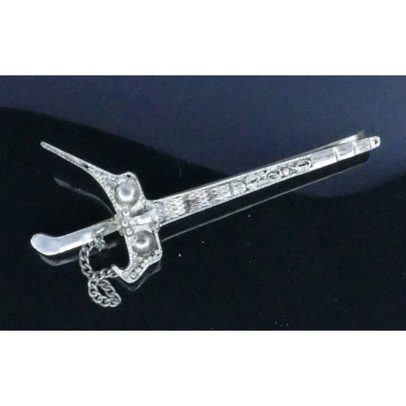Unique Detailed Antique 800 Silver Sword Tie Clip With Chained Pick